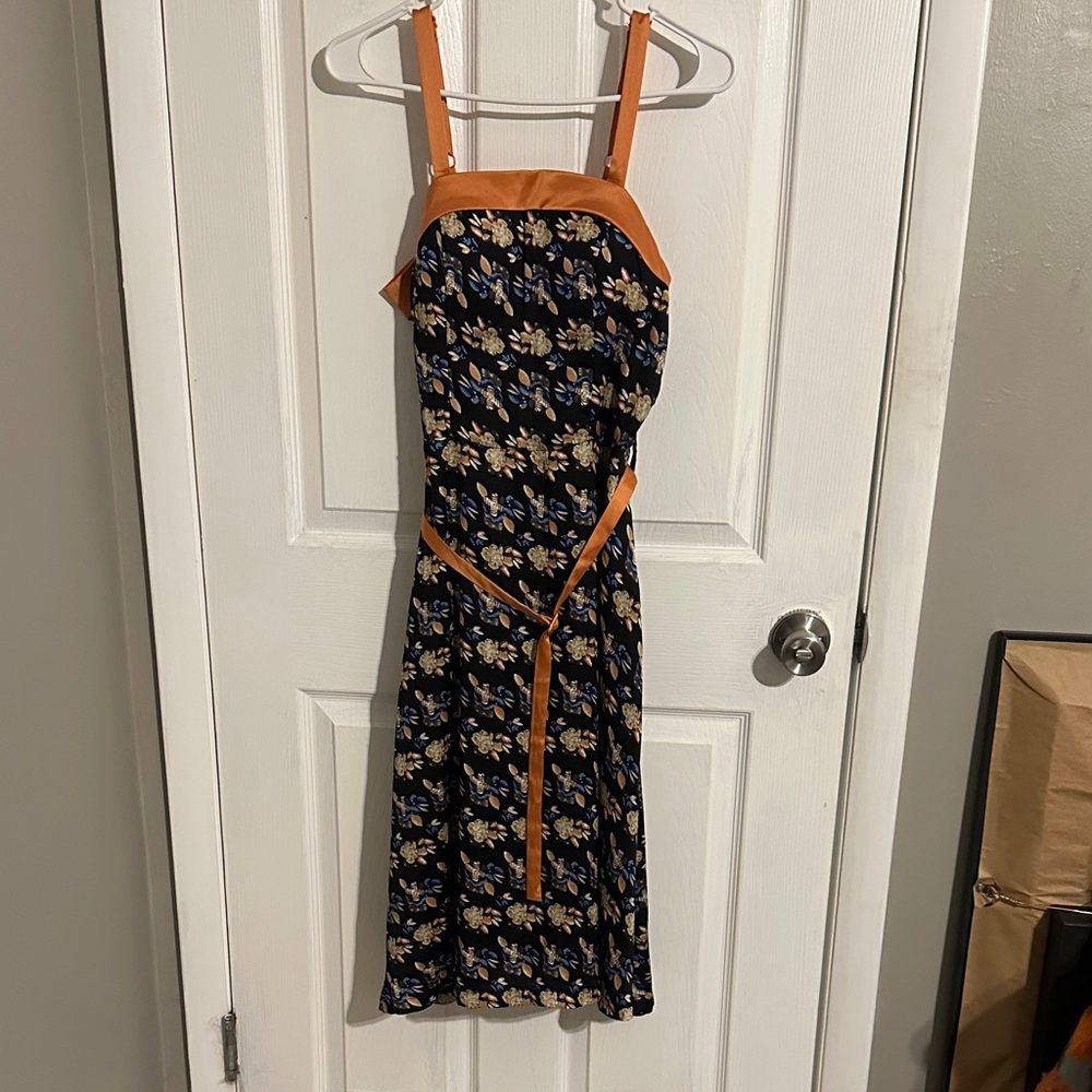 Lindy Bop Navy Floral Midi Dress with Orange Trim